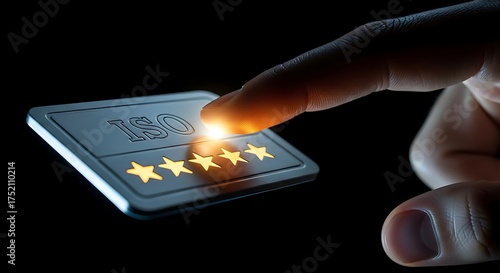 Finger pressing ISO certification badge with golden stars on black background