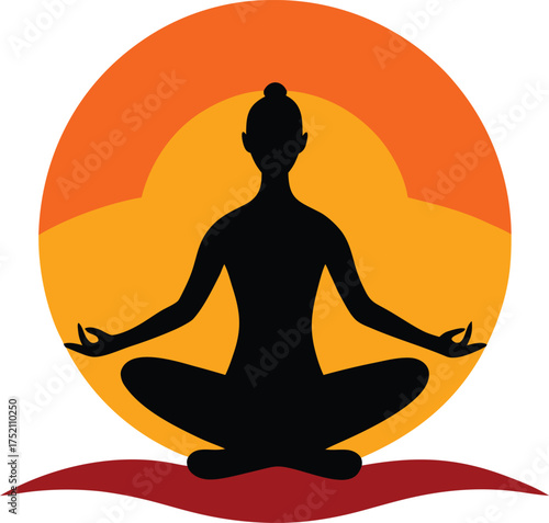 Vector art of silhouette of a woman in lotus position meditating against a vibrant sunset, symbolizing peace, mindfulness, and spiritual wellbeing
