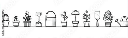 Garden Tools and Plants in Pots Line Art Illustration for Spring Gardening Season Theme