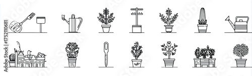 Gardening tools and potted plants outline icons for web design and print materials representing botanical themes