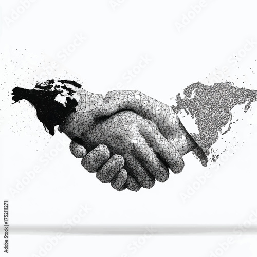 Global partnership and international business handshake agreement represented by world continents depicted as hands in a digital abstract style