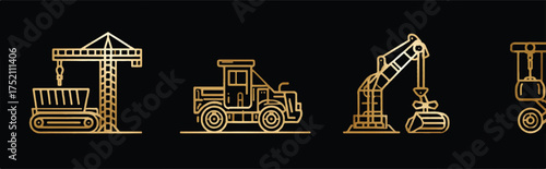 Gold Outline Construction Vehicle Icon Set on Black Background Heavy Machinery Illustration