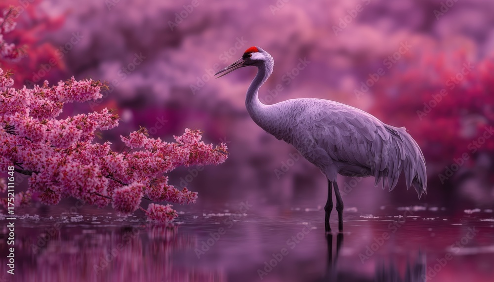 Naklejka premium Crane Bird Among Cherry Blossoms In The Spring Season - A Beautiful Scene Of Nature With A Crane Bird Among The Flowers Of The Sakura Tree.