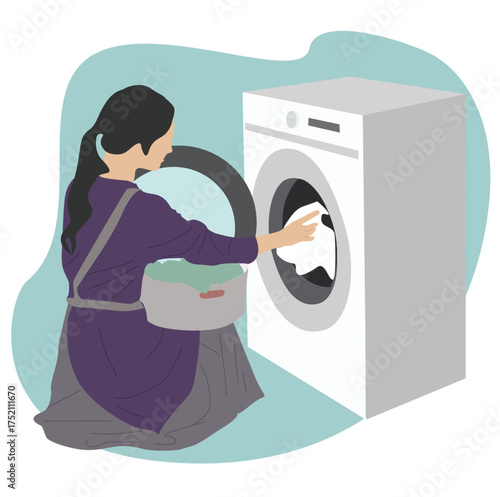 woman washing clothes in washing machine