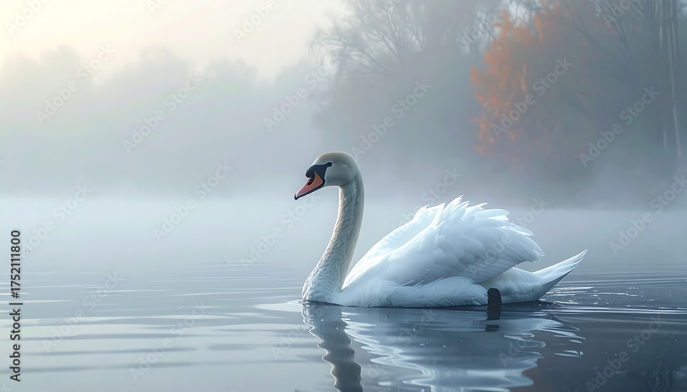 Obraz premium A graceful swan glides serenely across a tranquil lake shrouded in a delicate morning mist, with trees subtly visible in the distance