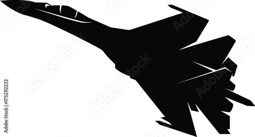 Black silhouette of a military fighter jet isolated on white background.