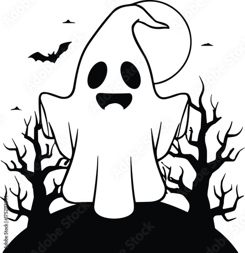 Cartoon ghost illustration, spooky Halloween artwork, smiling ghost design, eerie night scene, haunted forest graphic, creepy moonlit drawing, playful phantom art