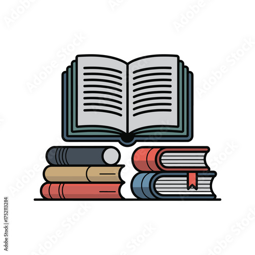 Stacked open and closed books with grey blue and red covers vector