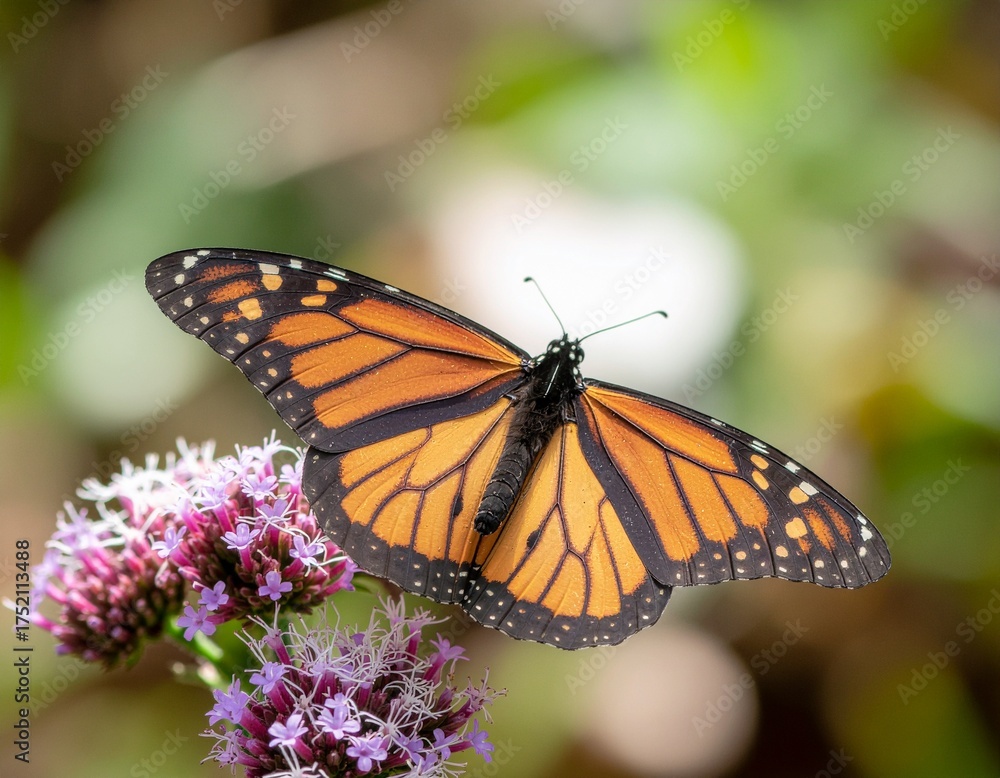 Fototapeta premium A vibrant orange monarch butterfly with open wings rests on a cluster of small purple flowers.