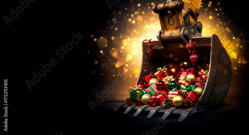 Christmas themed construction vehicle filled with colorful gifts and decorations  