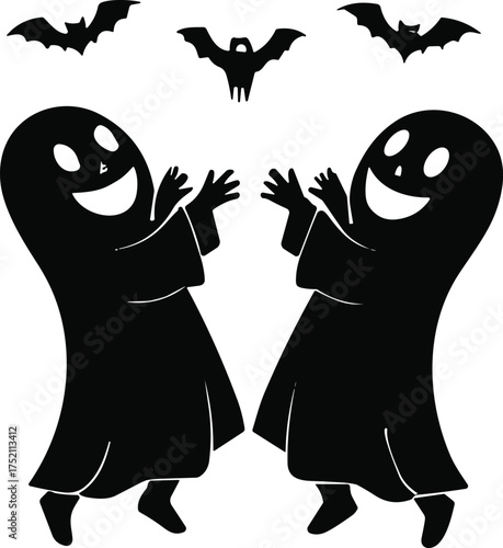 Cartoon ghost illustration, spooky Halloween artwork, smiling ghost design, eerie night scene, haunted spirit drawing, playful phantom graphic, creepy bat decoration