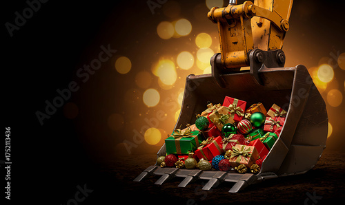 Excavator bucket filled with Christmas gifts and decorations  