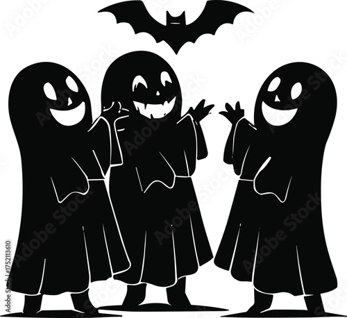 Cartoon ghost illustration, spooky Halloween artwork, smiling ghosts design, eerie night scene, haunted spirit drawing, playful phantom graphic, creepy bat artwork