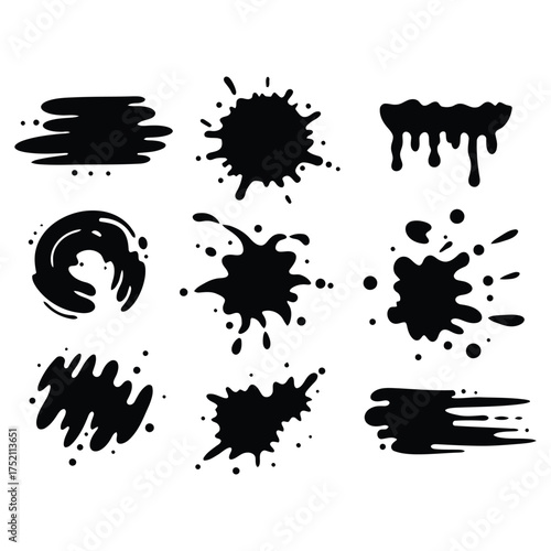 Black Ink Splatter and Paint Stroke Icon Set: Abstract Liquid Stain Graphic, set of black ink splashes
