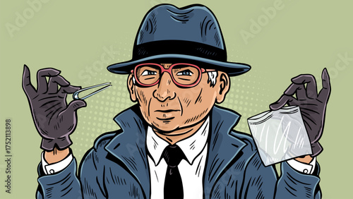 Elderly detective holding tweezers and evidence bag — pop art vector