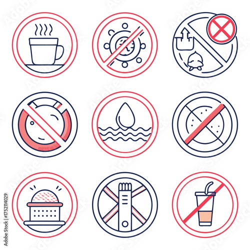 Set of minimal line icons with red prohibition signs, representing various restrictions and safety warnings on a white background