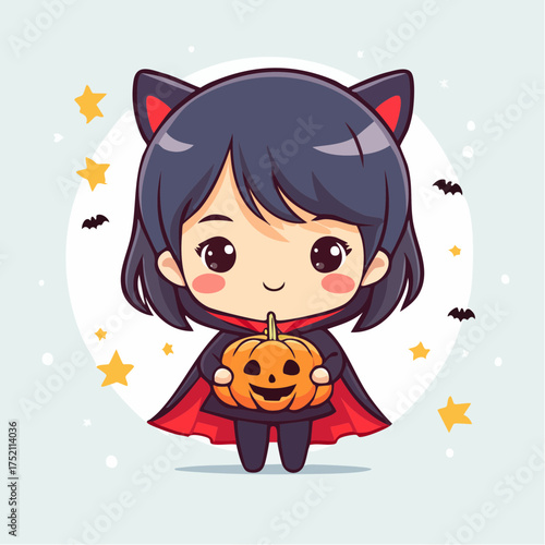 Chibi witch holding pumpkin with transparent background