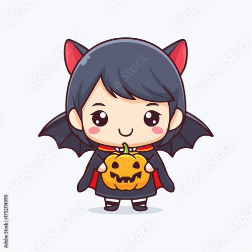Chibi bat girl holding pumpkin with transparent background