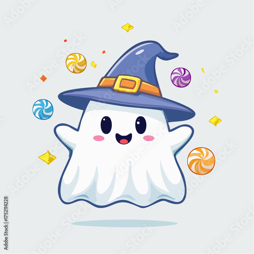 Happy ghost wearing witch hat with transparent background