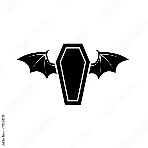Gothic vampire coffin with demonic bat wings symbol isolated on white.