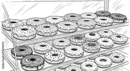 Sweet display with donuts in store or coffee shop engraving sketch hand drawn style black and white vintage illustration vector