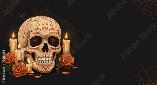 Skull surrounded by candles and roses with spider webs on dark background  