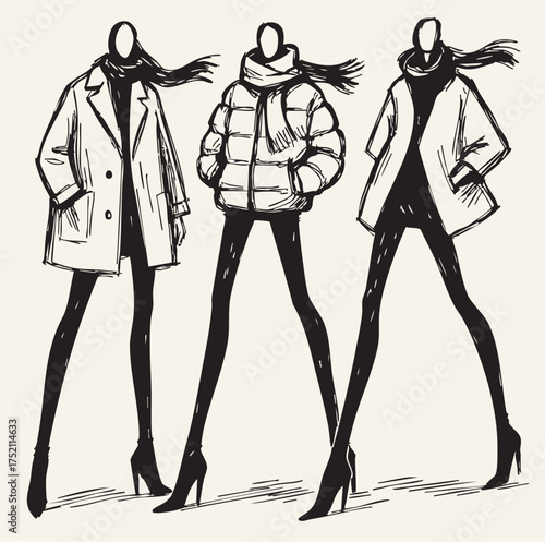 Sketch. Abstract cartoon Fashion Girls in down jacket and coat with very long legs