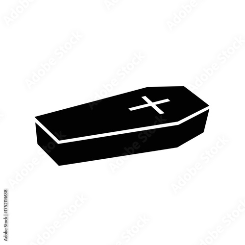Simple black coffin with a white cross on the top for burial purposes.