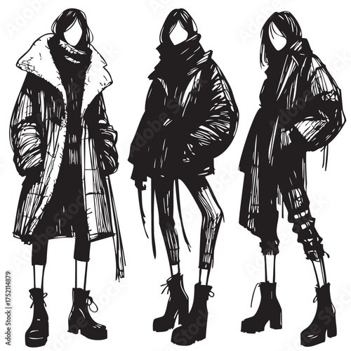 Sketch. Abstract cartoon Fashion Girls in down jacket and coat