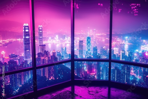 Futuristic penthouse with large windows overlooking city skyline, neon lights, purple and pink tones for cyberpunk and urban atmosphere