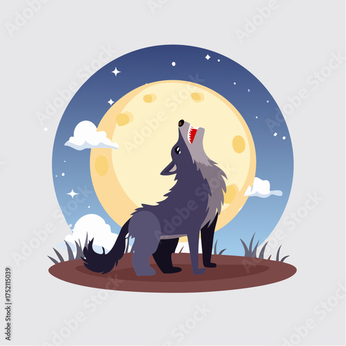 Howling wolf under a full moon with transparent background