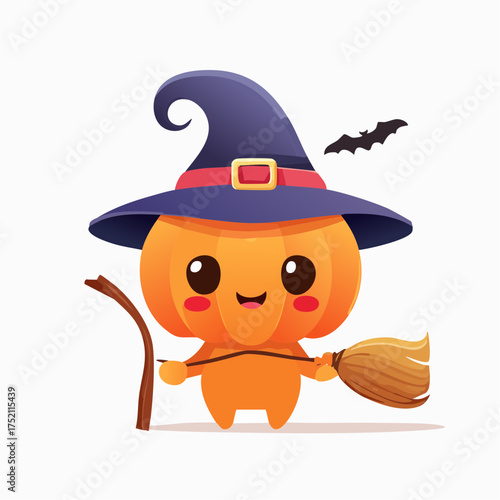 Pumpkin witch holding broom with transparent background