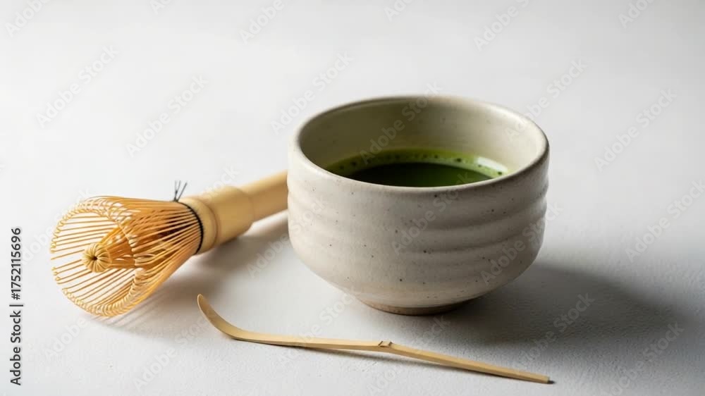 Whisking Matcha Tea, Traditional Utensils, Minimalist Studio, Close-up ...