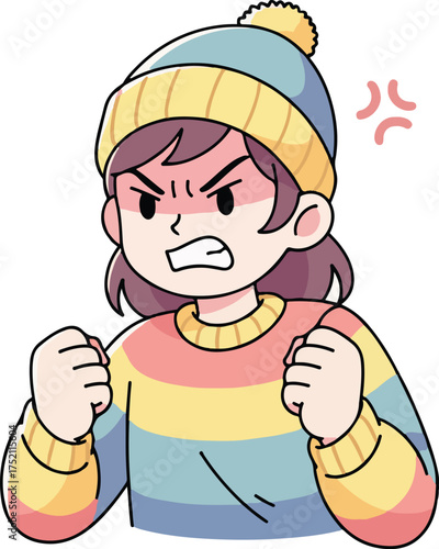 Cartoon of an angry woman with fists clenched and wearing a hat.
