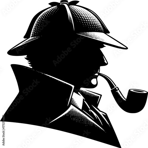 Mystery Silhouette with Pipe: a silhouette of a detective in profile, smoking a pipe, wearing a hat and coat