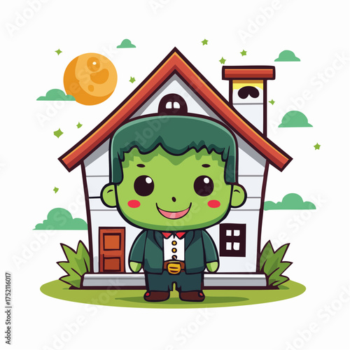 Frankenstein monster and spooky house with transparent background