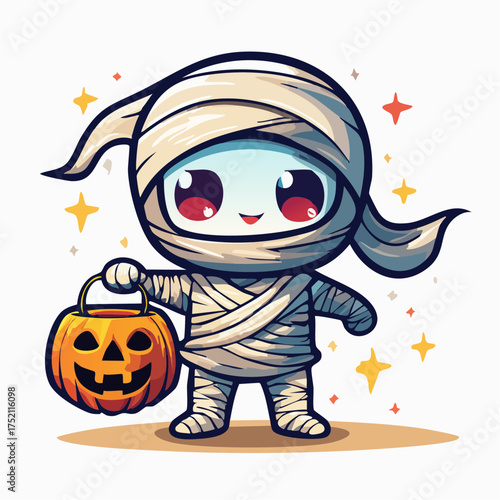 Mummy holding pumpkin bucket with transparent background