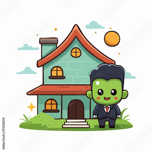 Frankenstein character and house with transparent background