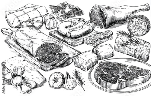 Hand Drawn Butchery Illustration with Steaks Roasts and Sausages in Vintage Style for Food Industry