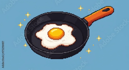 A pixel art illustration of a fried egg in a black frying pan with an orange/yellow handle. The scene has a retro 8-bit or 16-bit gaming style, with bright stars surrounding it and a light blue backgr