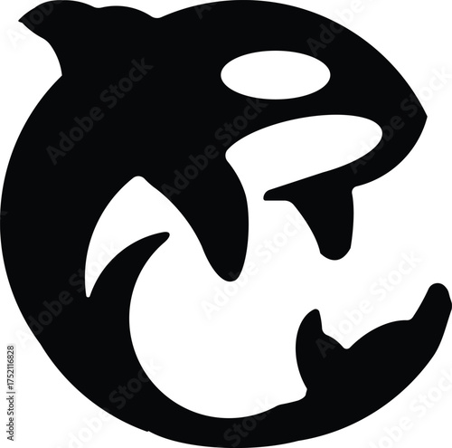 Stylized black orca killer whale silhouette emblem symbol circular design nautical marine wildlife ocean creature vector