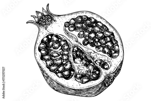 Pomegranate fruit sketch black white engraving hand drawn vitamin food