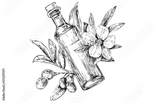 Olive oil bottle sketch botanical branches leaves flowers aroma