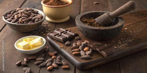 Wallpaper Mural cocoa beans, chocolate bars, and cocoa butter with a mortar and pestle on wooden table. Perfect for food photography, packaging design, recipe blogs, chocolate branding, and gourmet advertising Torontodigital.ca