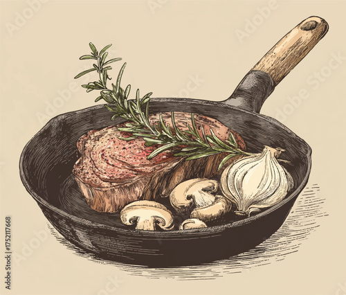 Illustration of beef steak in a cast iron skillet with mushrooms garlic and rosemary sprig artistic rendering