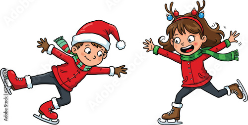 Children ice skating in winter, Christmas holiday fun, festive kids activity, Santa hat and reindeer antlers, joyful celebration, seasonal illustration artwork