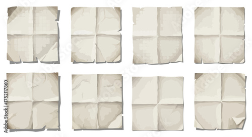 Collection of crumpled and aged paper sheets with visible creases and folded edges, representing documents, letters, or maps