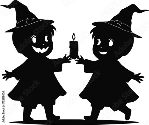 Children in witch costumes, Halloween silhouette illustration, festive candlelight scene, spooky holiday artwork, joyful kids interaction, seasonal dark celebration design
