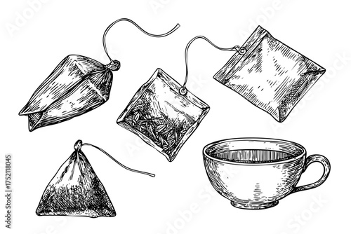 Tea Bags and Cup Sketch Hand Drawn Hot Beverage Assortment