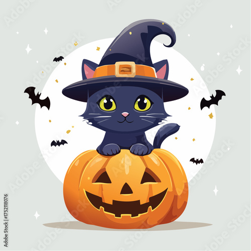 Black cat wearing witch hat with transparent background